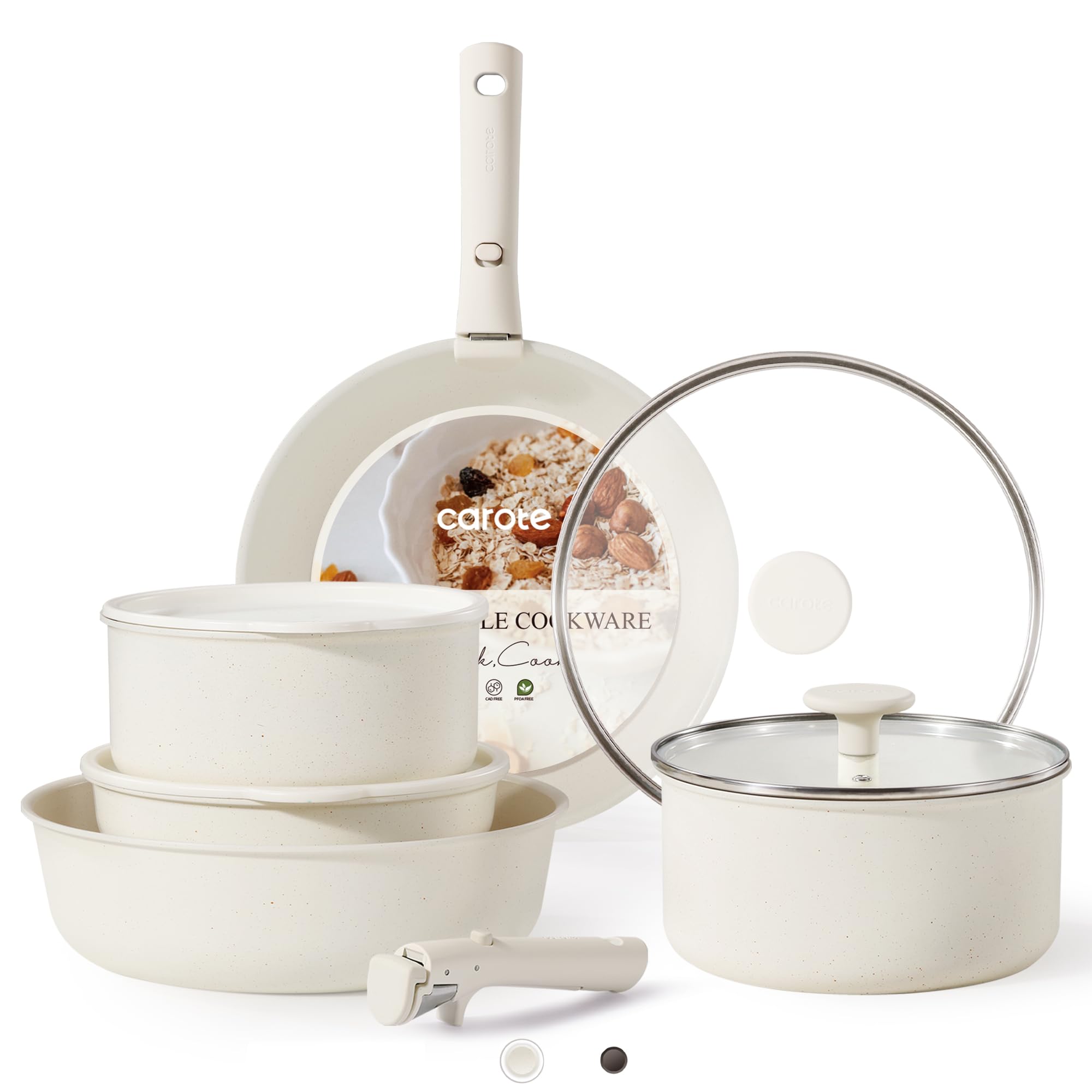 CAROTE 11pcs Pots and Pans Set, Nonstick Cookware Detachable/Removable Handle, Induction RV Kitchen Set, Oven Safe, Cream White