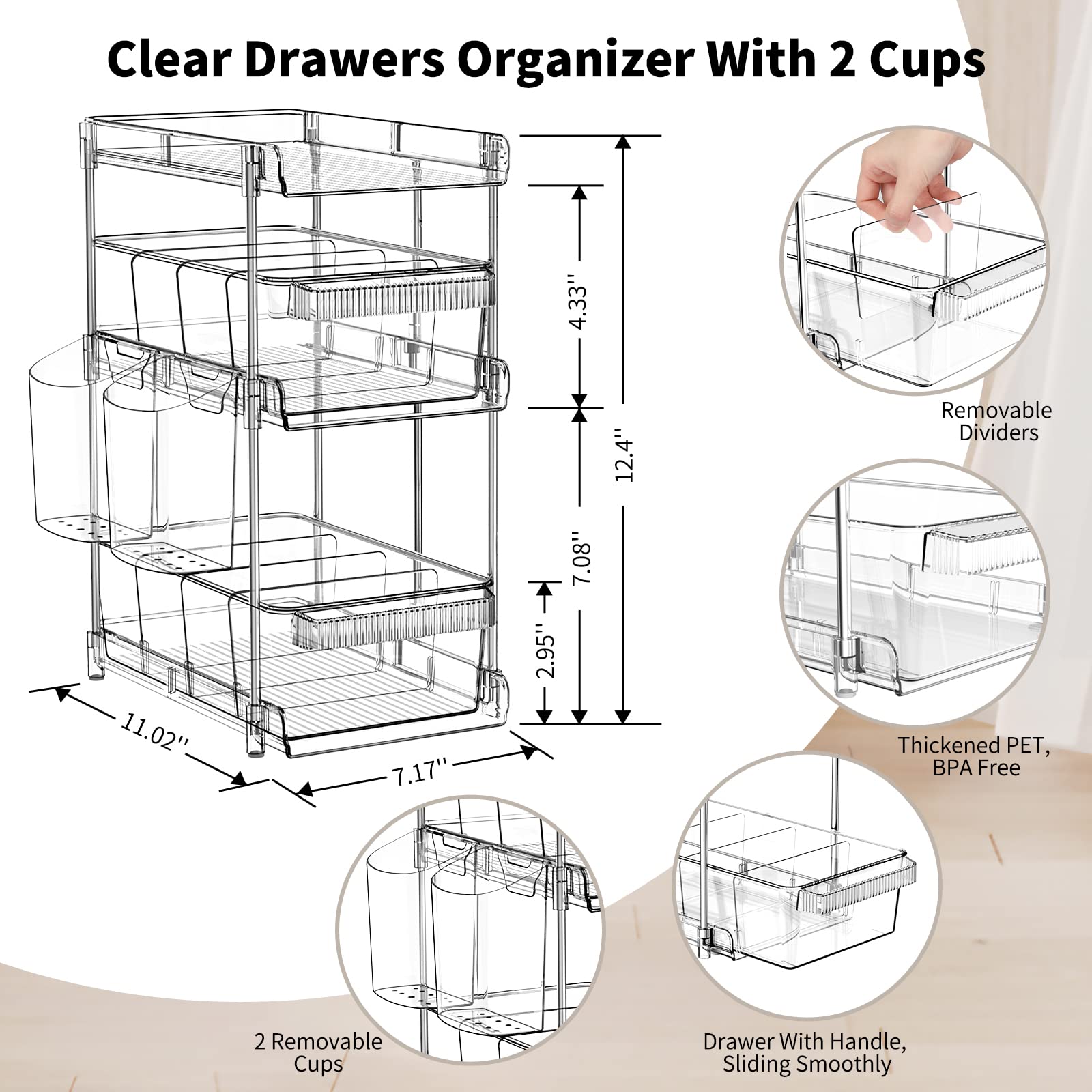 WAKISA Clear Bathroom Organizers 2 Sets 3 Tier, Stackable Under Kitchen Sink Organizers and Storage with 12 Dividers, acrylic pantry organizers shelf, Multi Purpose Pull Out Home Organizer with 2 Cups