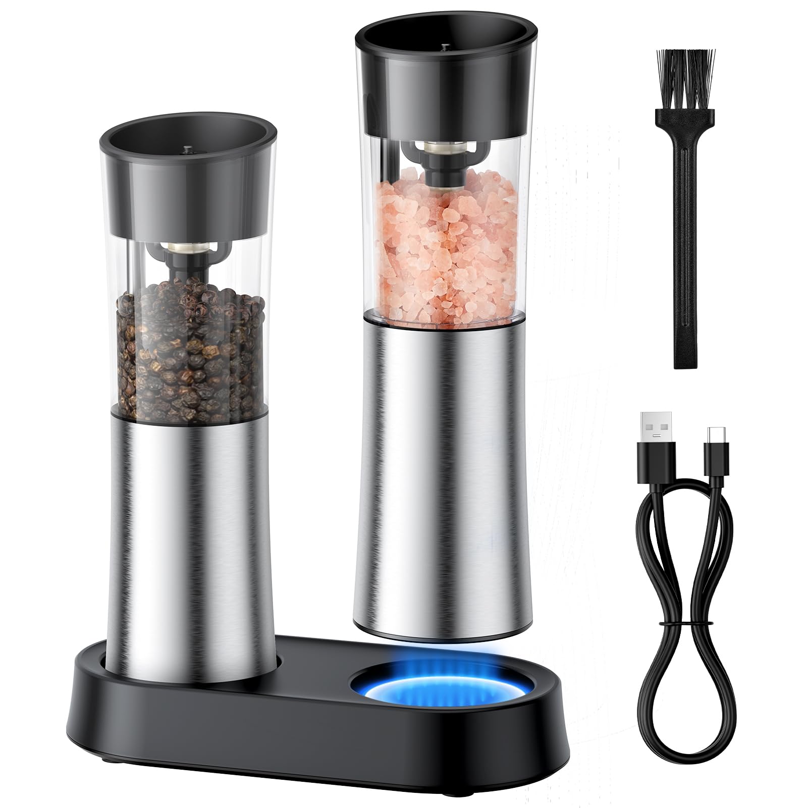 Electric Salt and Pepper Grinder Set — Gravity Rechargeable Salt Pepper Grinder with Charging Base and LED Light, Adjustable Coarseness, Large Capacity, One-handed Operation Salt Pepper Mills