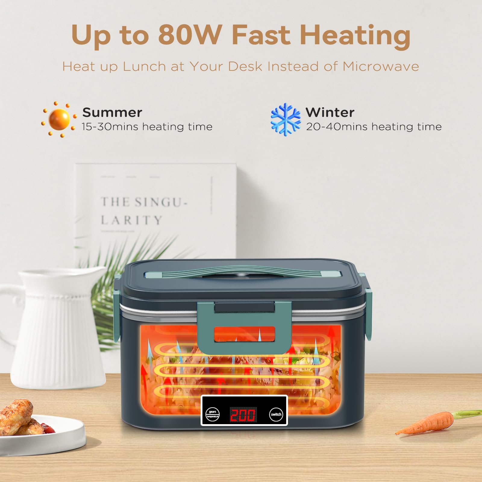Electric Lunch Box Food Heater for Adults, 80W Heated Lunch Box with Digital Temperature Display,12V/24V/110V 1.8L Stainless Steel & 1L PP Fruit Container Portable Food Warmer LunchBox for Car/Work