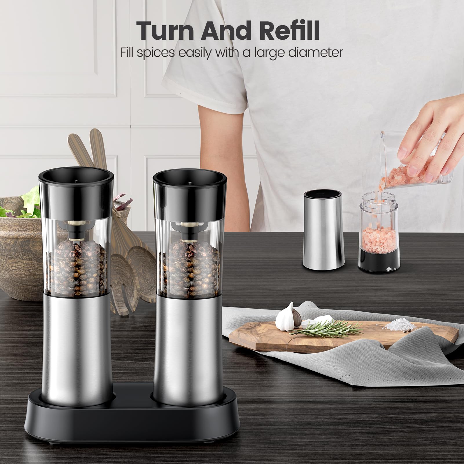 Electric Salt and Pepper Grinder Set — Gravity Rechargeable Salt Pepper Grinder with Charging Base and LED Light, Adjustable Coarseness, Large Capacity, One-handed Operation Salt Pepper Mills