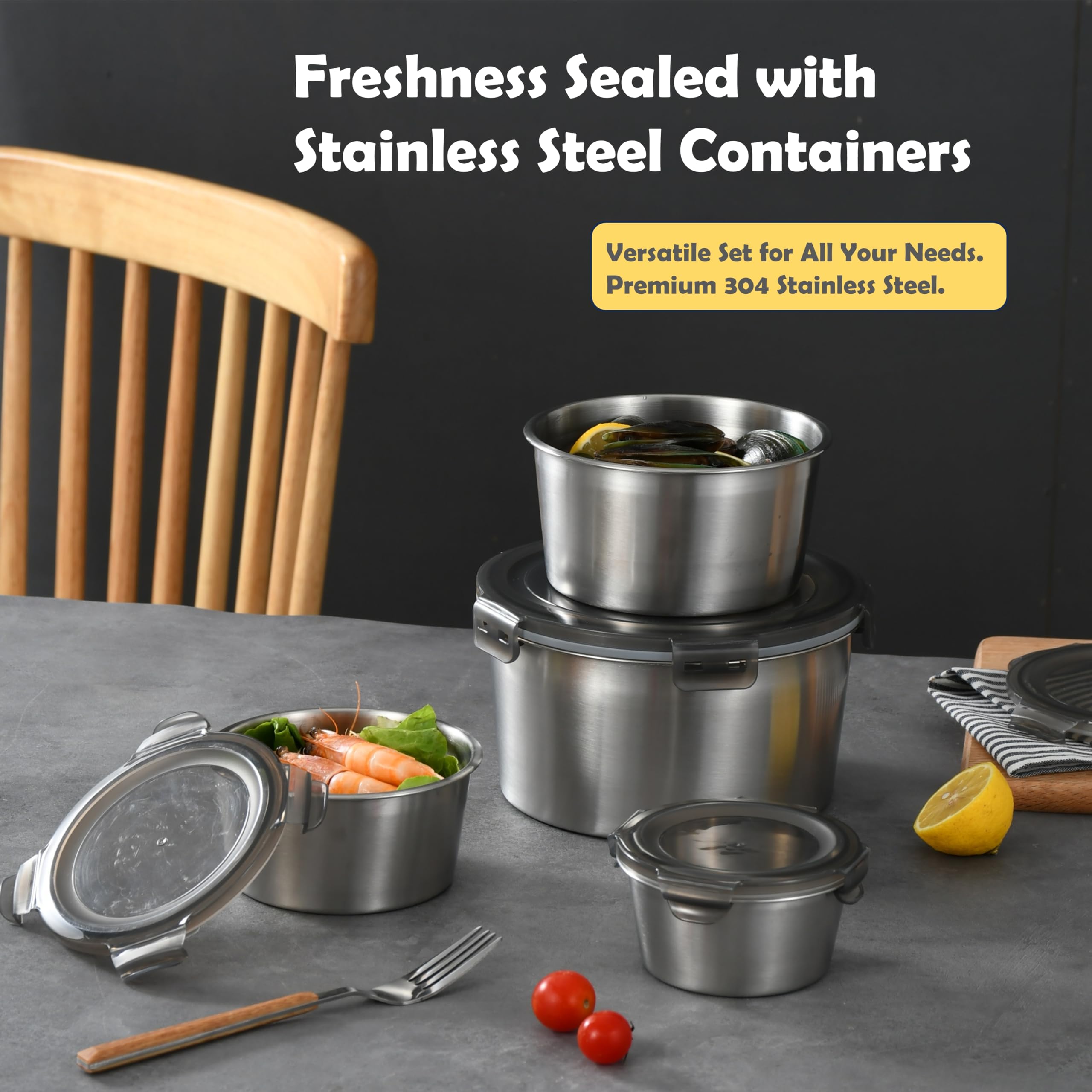 EleganceEssentials Stainless steel food storage containers leak proof & airtight lids for Kitchen,stainless steel bowl,meal prep lunch box,freezer and microwave safe (5-piece)
